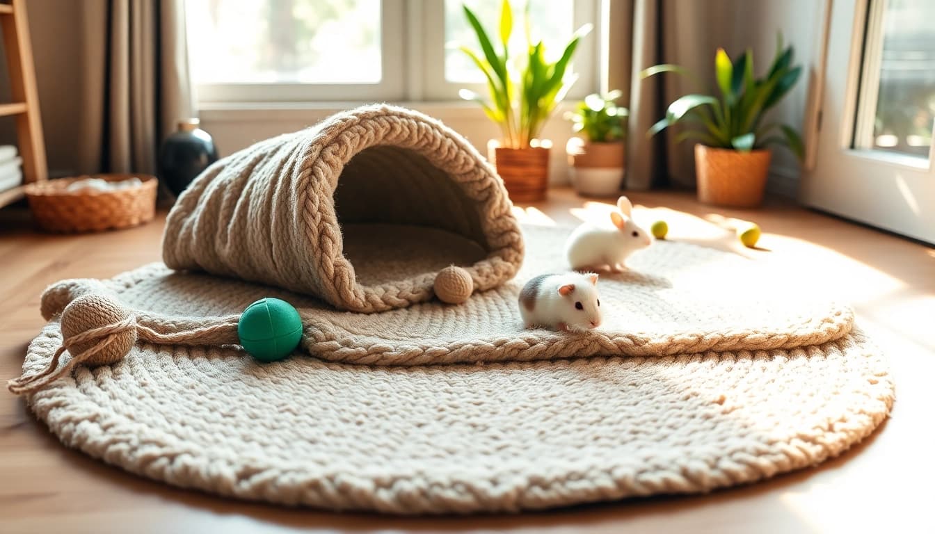 Nagermatte für Kleintiere in einem gemütlichen Innenraum mit Spielzeug und Pflanzen.