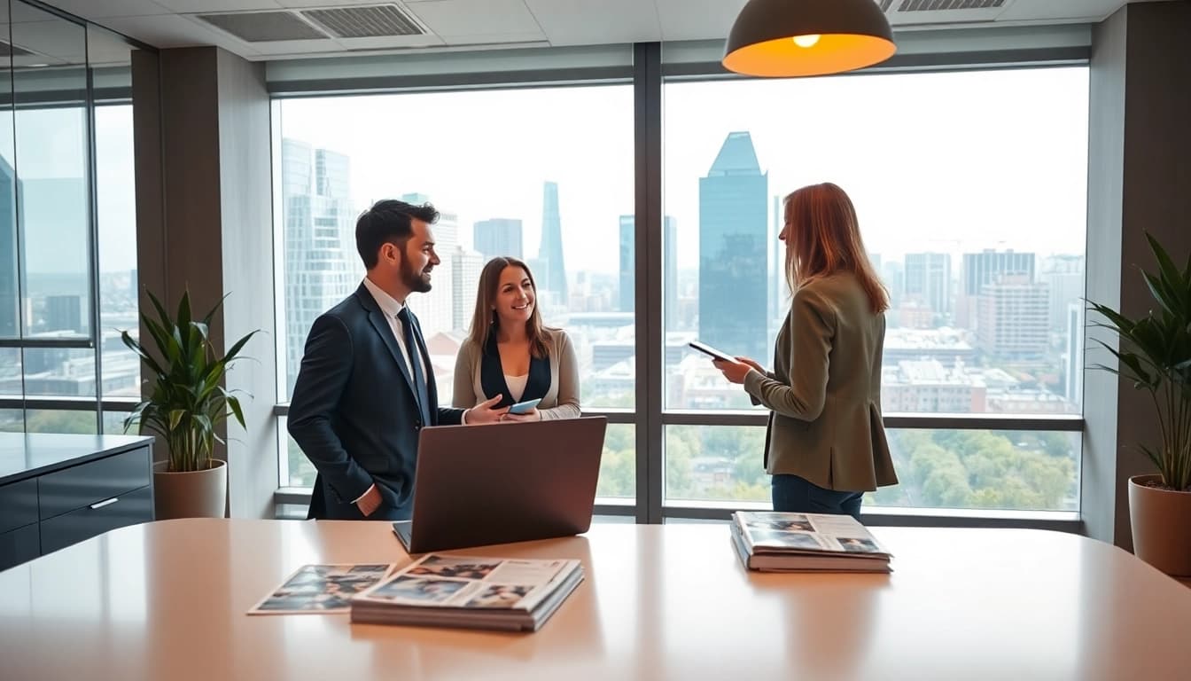 Immobilienmakler Frankfurt Ginnheim berät Kunden in modernem Büro mit urbanem Ausblick.