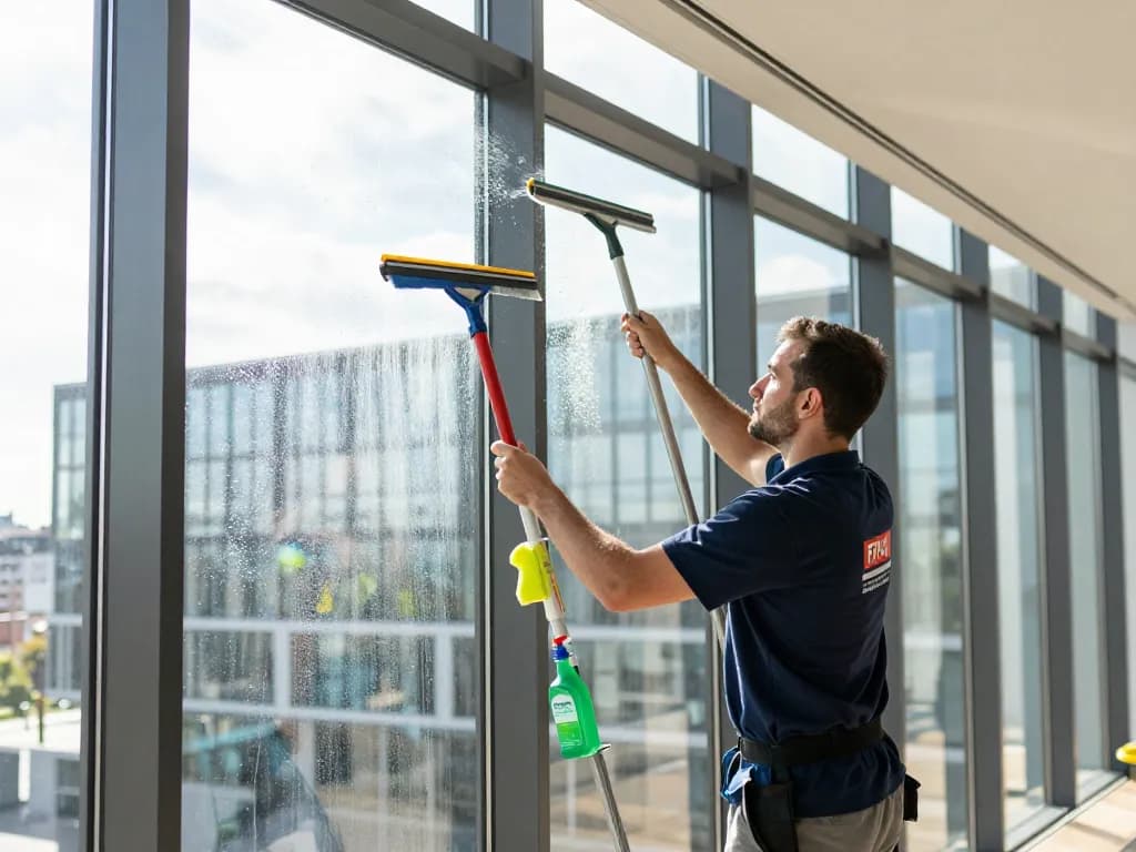 Professionelle Fensterreinigung in Münster, die einen erfahrenen Reiniger zeigt, der streifenfreie Ergebnisse an großen Bürofenstern gewährleistet.
