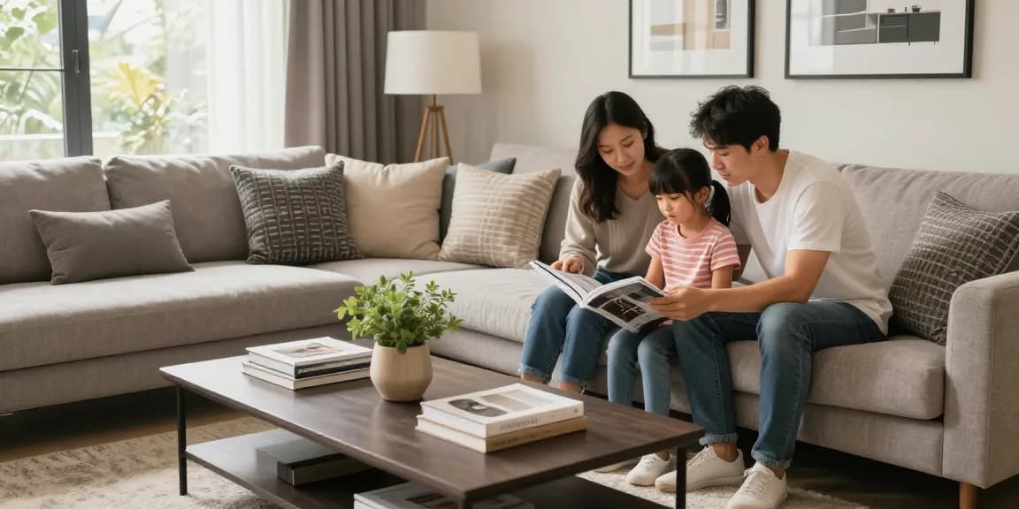 Erleben Sie modernen Komfort zu Hause, während Sie Möbel online bestellen, und genießen Sie ein stilvolles Wohnzimmer mit der Familie.