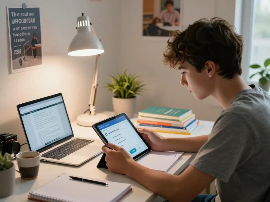 Teenager nutzt die Hausaufgaben-Scanner-App auf dem Tablet in einem gemütlichen Arbeitszimmer.