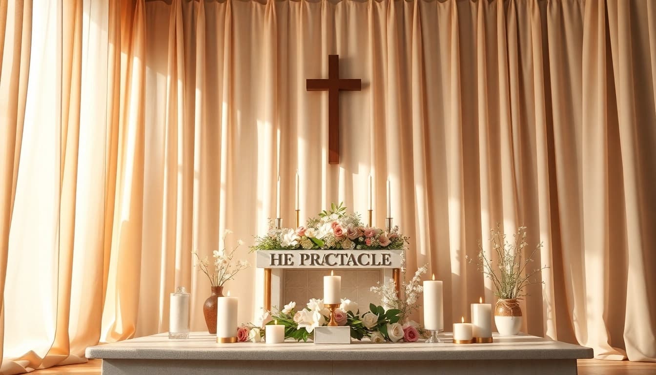 Schutzgebet altar with candles and flowers creating a serene atmosphere.