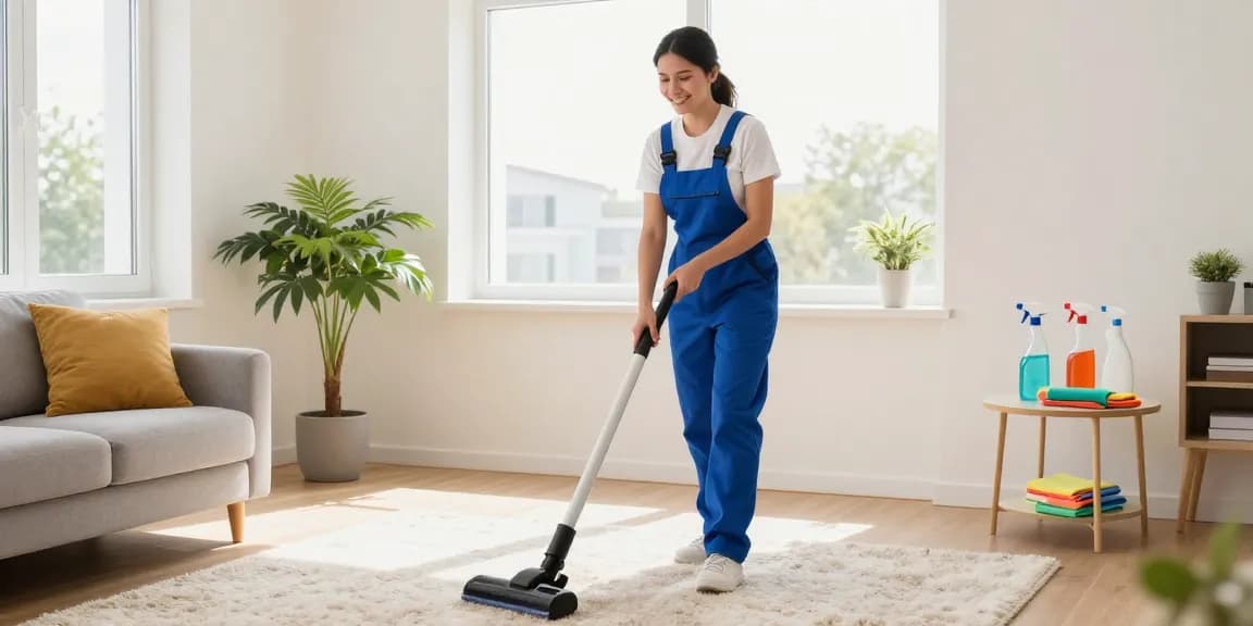 Professional cleaner at work in a bright living room, showcasing reinigungsfirmen bern services for a spotless home.