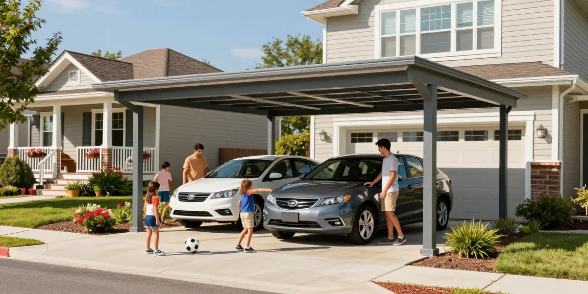 Moderne Carport-Struktur, die ein Auto schützt, umgeben von blühendem Garten und spielenden Kindern.