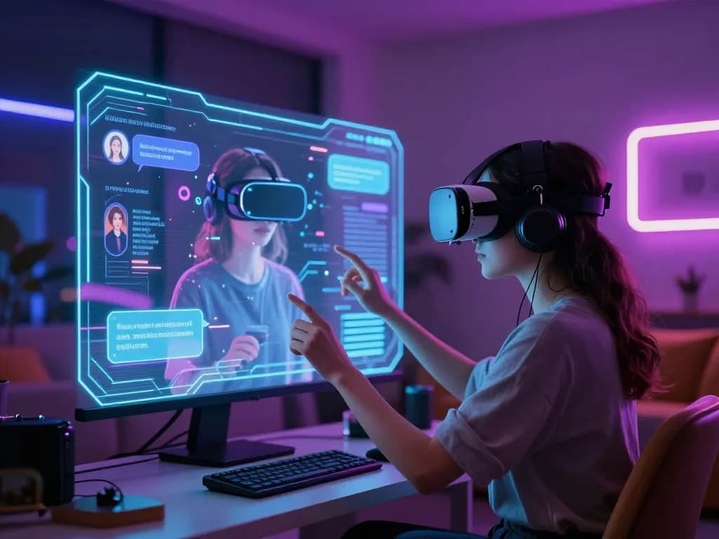 User engaging with an immersive nsfw chat bot in a futuristic virtual reality environment, featuring holographic displays and neon lights.