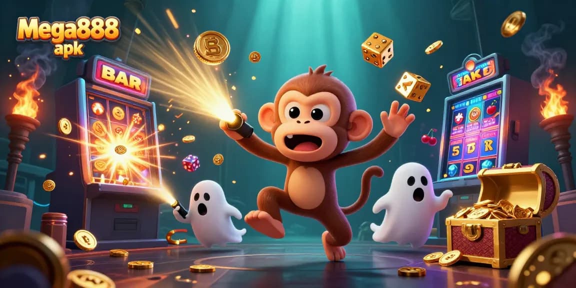 Experience the thrill of mega888 apk with a playful poltergeist monkey in a vibrant casino.