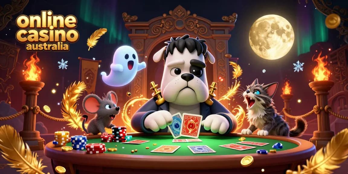 Engage in the fun of online casino Australia with cartoon characters dealing cards and festive game elements.