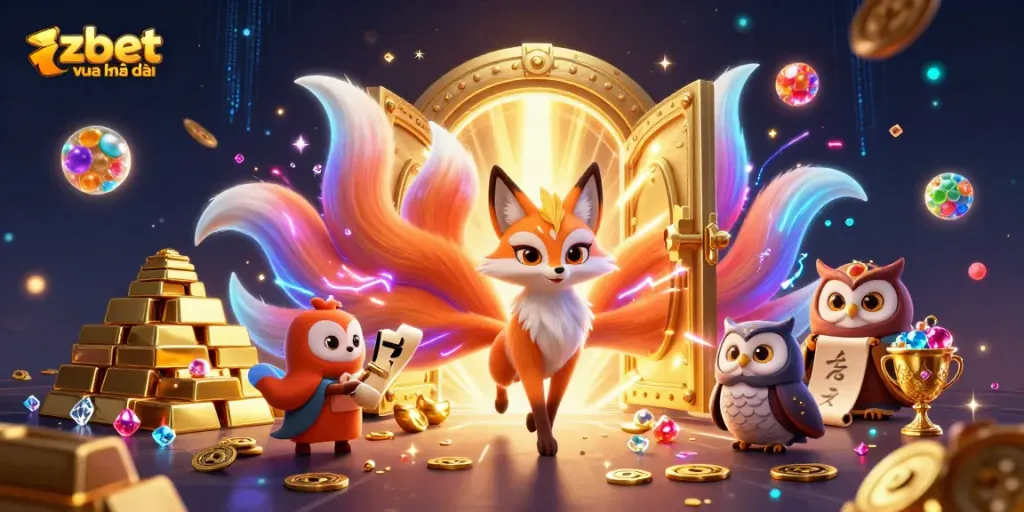 Engage in thrilling gameplay with zbet vua nhà cái featuring a vibrant 3D fox spirit, owl sage, and colorful orbs.