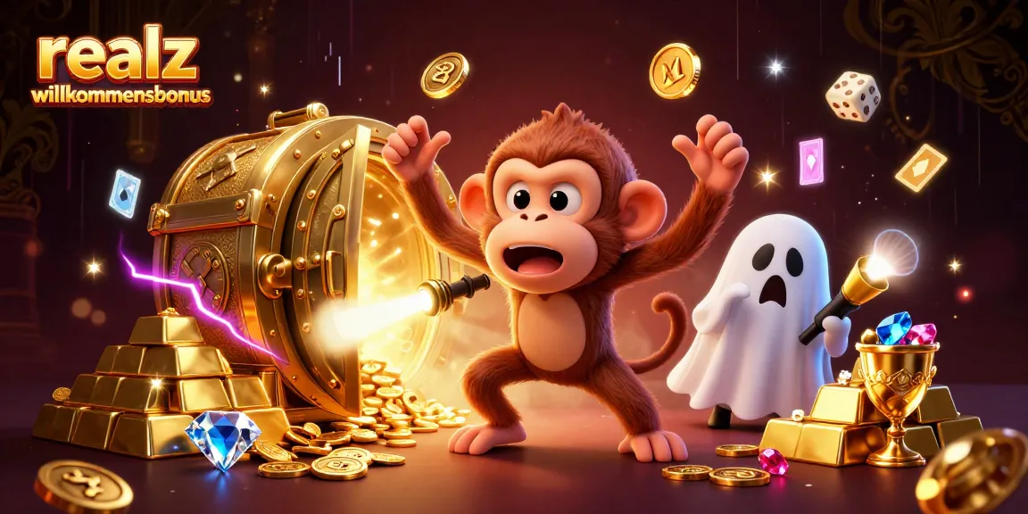 Erleben Sie den realz casino willkommensbonus, während ein Luftgeist und ein Hund im Casino spielen und schimmernde Schätze entdecken