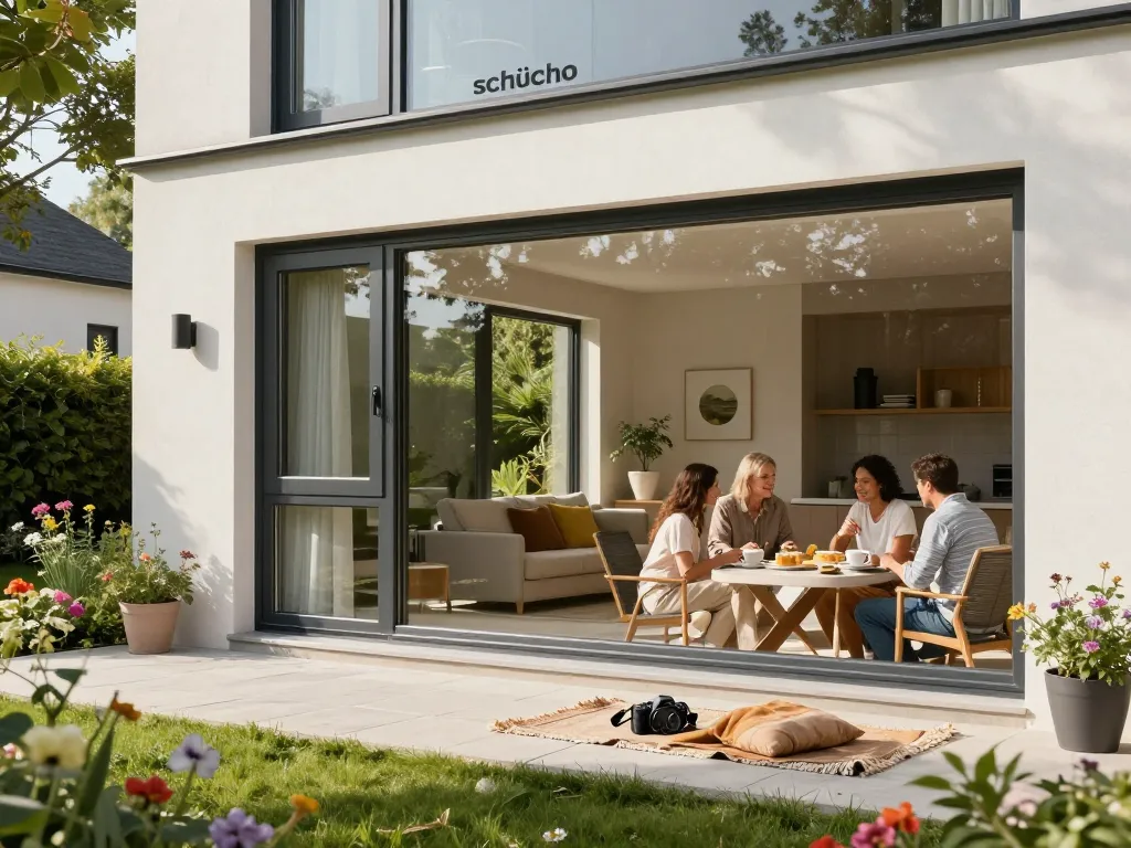 Modernes Zuhause mit fenster schüco Fenstern, in dem eine Familie bei Kaffee im Freien genießt.