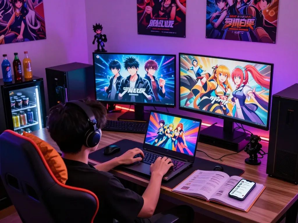 Engaging scene of a player enjoying a free sex game on multiple screens in a cozy room, showcasing vibrant graphics and gaming atmosphere.
