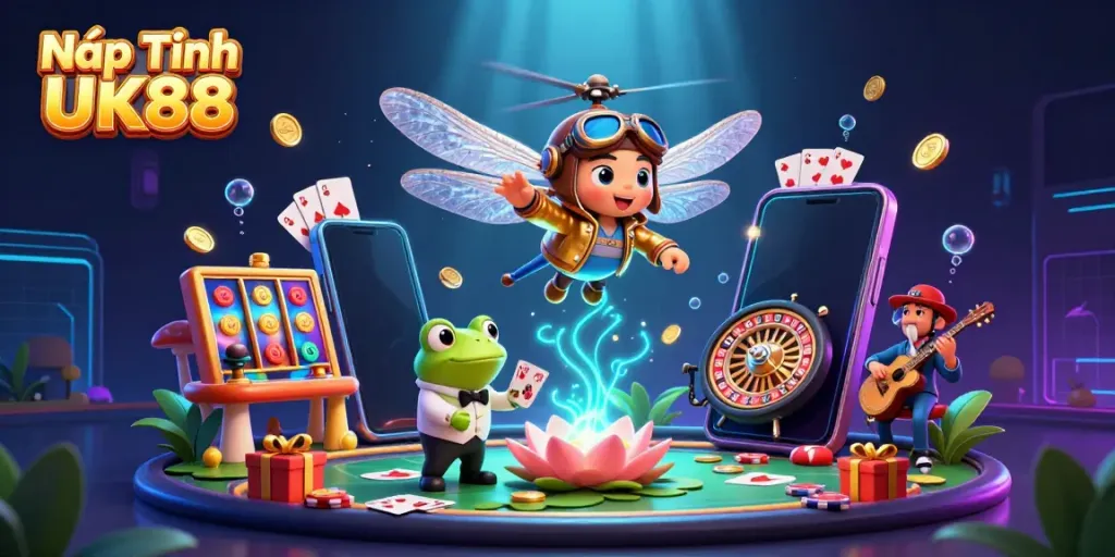 Experience the vibrant Nạp Tiền UK88 action with a dragonfly pilot and frog croupier at a lily pad casino.