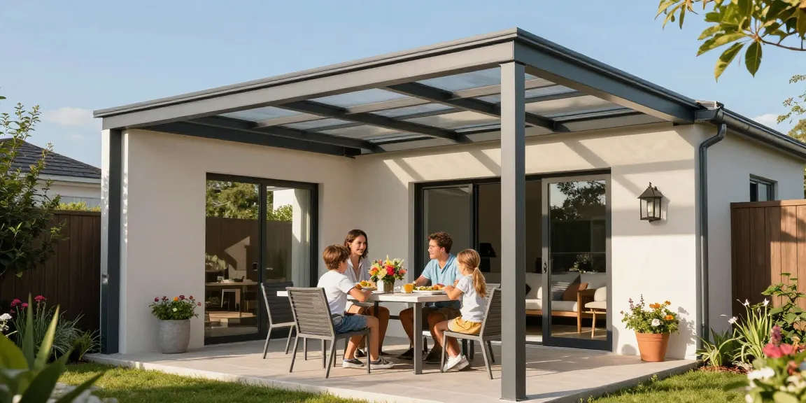 Moderne Terrassenüberdachung für entspannte Familienzeit im Garten