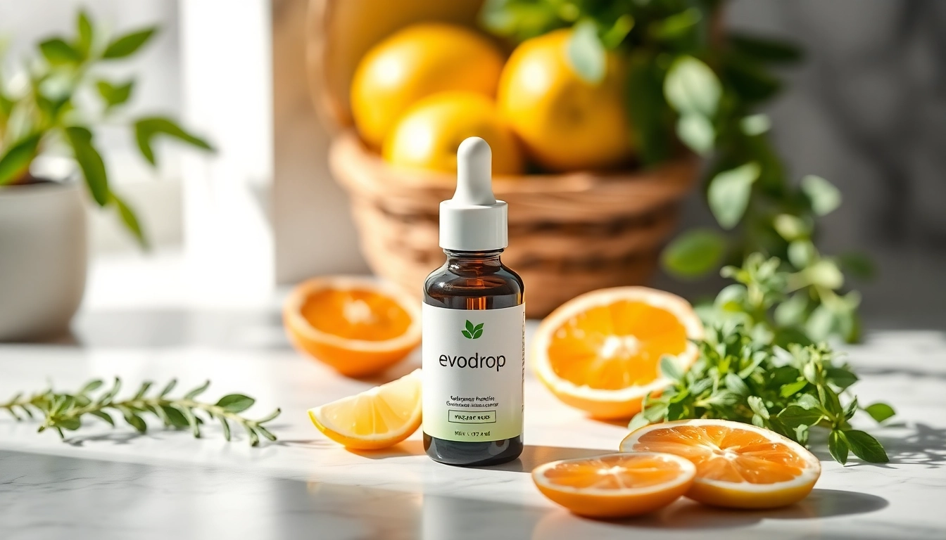 Evodrop Erfahrung zeigt hochwertiges Produktdesign mit Kräutern und Zitrusfrüchten im Hintergrund.