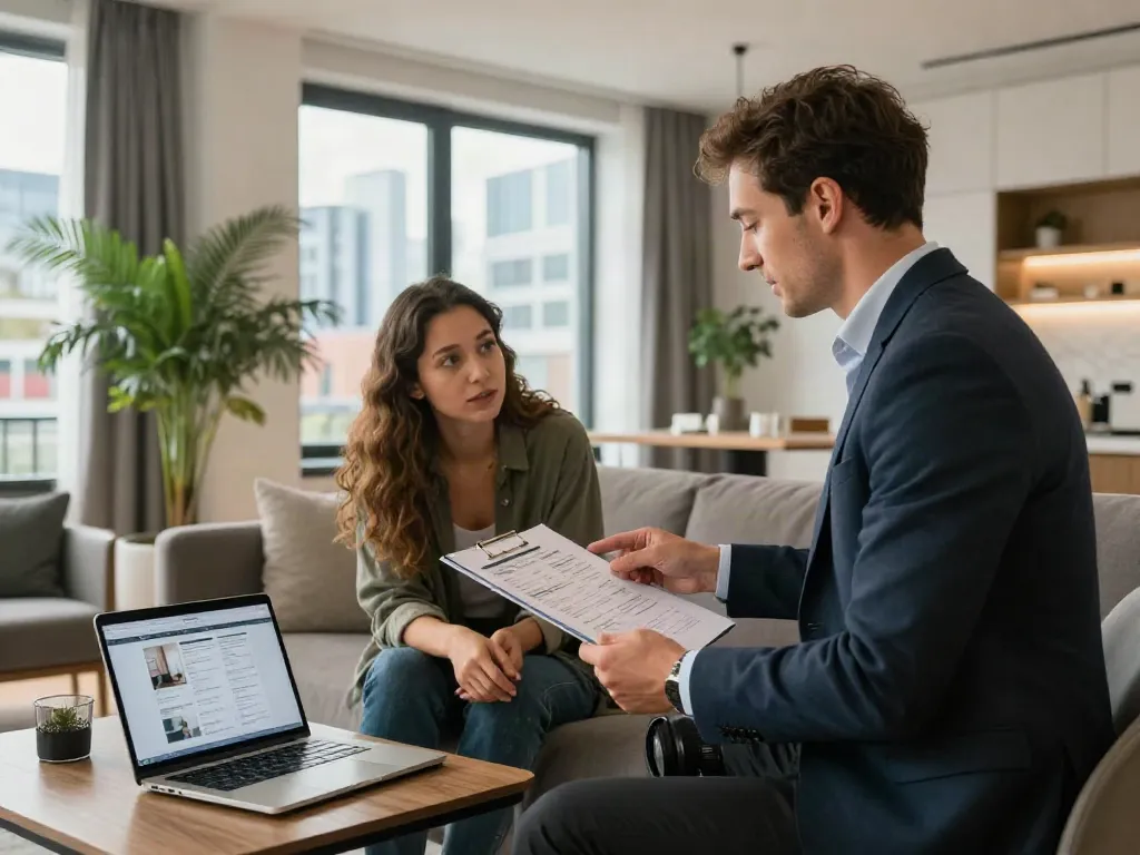Professioneller Immobilienmakler Frankfurt berät ein junges Paar in modernem Wohnzimmer über Immobilienangebote.