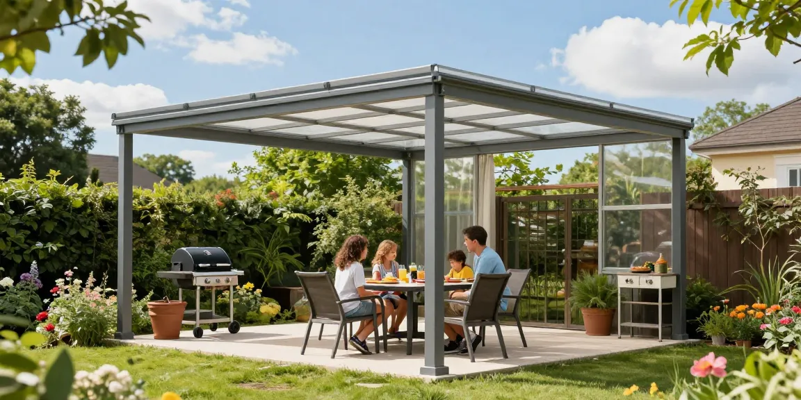 Freistehende Terrassenüberdachung aus Aluminium mit klaren Polycarbonatplatten in einem einladenden Garten, perfektes Ambiente für Familie und Freunde.