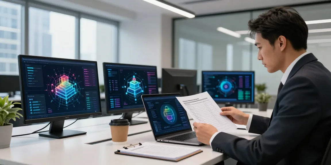 IT-Dienstleister Frankfurt analysiert Sicherheitsberichte in modernem Büro.