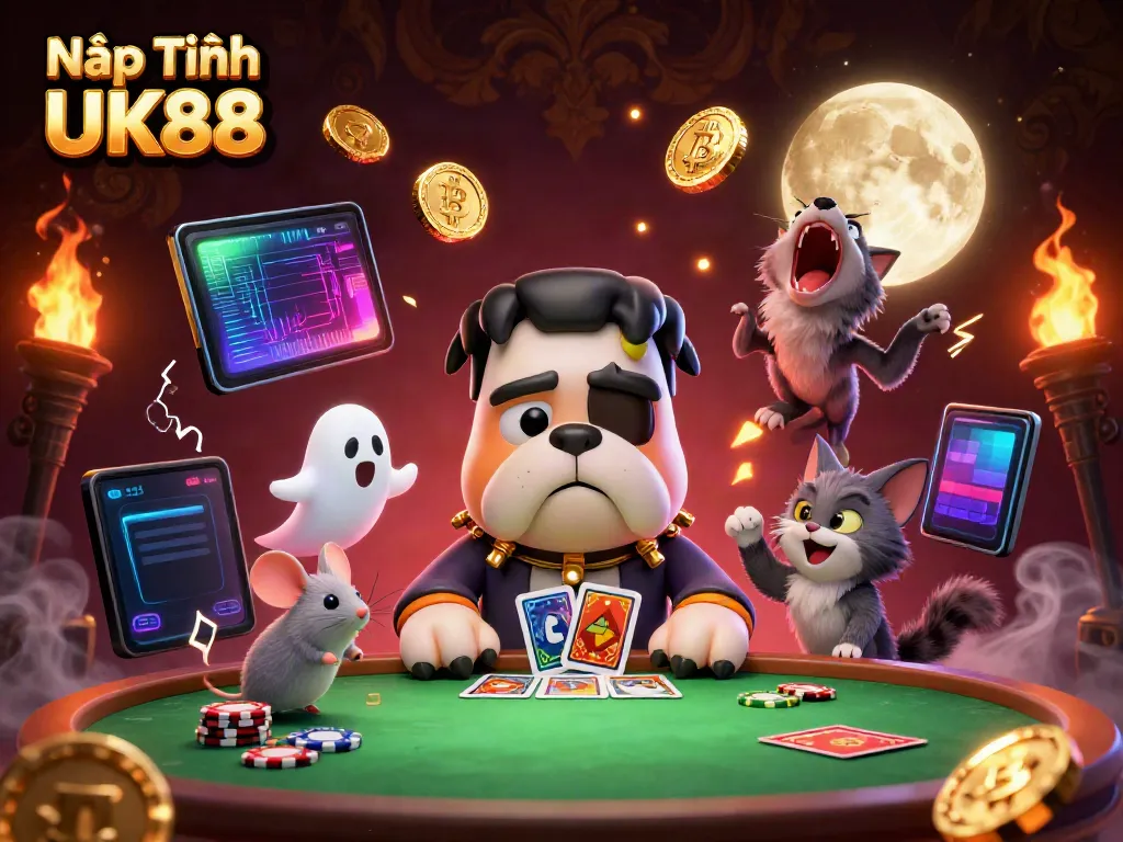Engage in Nạp Tiền UK88 with a cartoon monster dealer at a vibrant green table.