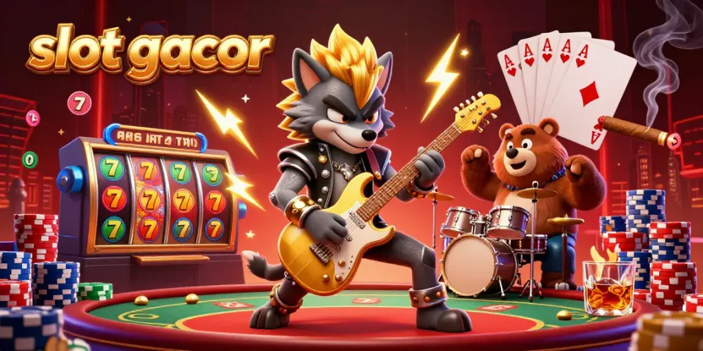 Experience slot gacor action with vibrant characters shredding instruments on a casino stage filled with jackpot excitement.