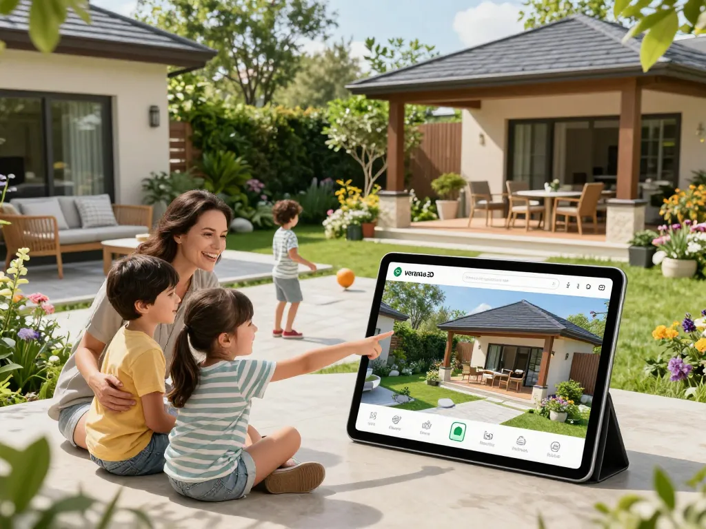 Familie, die den Veranda 3D Konfigurator nutzt, um maßgeschneiderte Designs in ihrem Garten zu visualisieren.