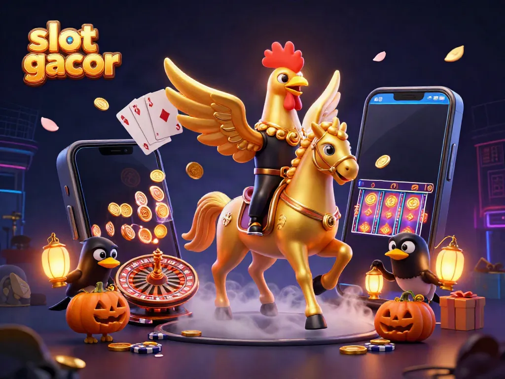 Engage with the thrilling adventure of slot gacor as a golden rooster rides through a vibrant casino.