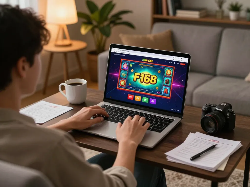 Engaging gaming scene on Nhà cái F168 platform with a player using a laptop in a cozy home setting.