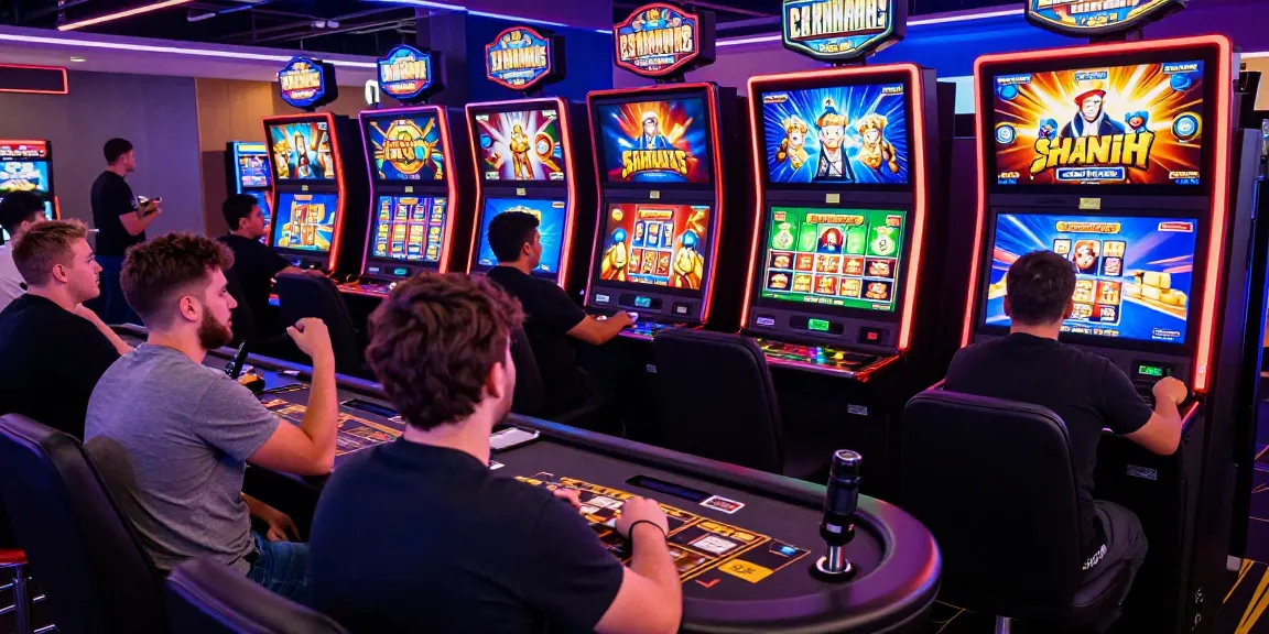 Online gaming excitement at https://gemwin.pics/ with vibrant players and slot machines in a lively casino atmosphere.