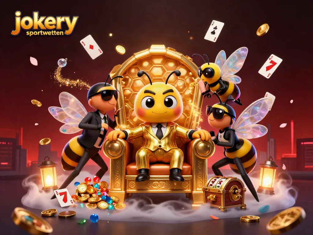 Join the thrilling action of jokery sportwetten with a cartoon bumblebee mob boss overseeing a vibrant casino scene.