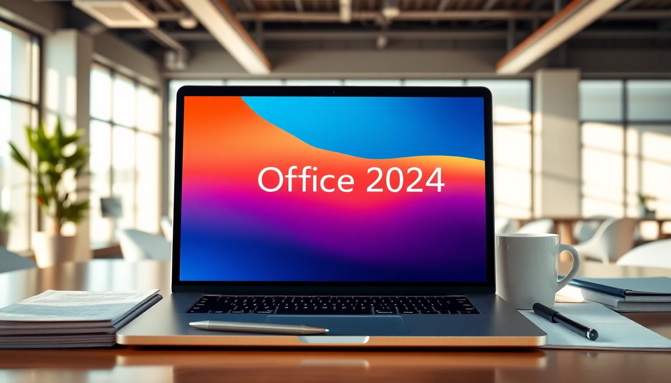 Microsoft Office 2024 Mac Vollversion auf einem MacBook in einem modernen Büro mit Notizblöcken und Kaffee.