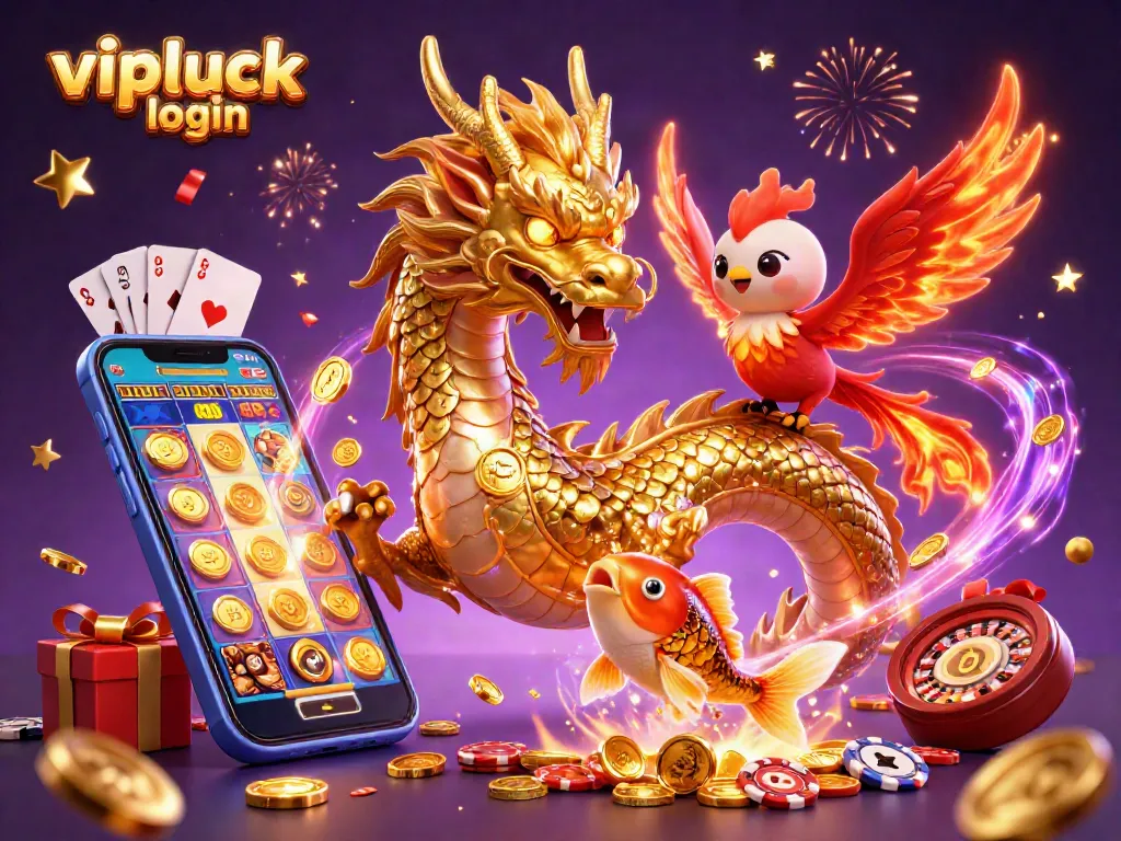 Experience the thrill of vipluck login with an enchanting casino scene featuring vibrant dragons and slot games.