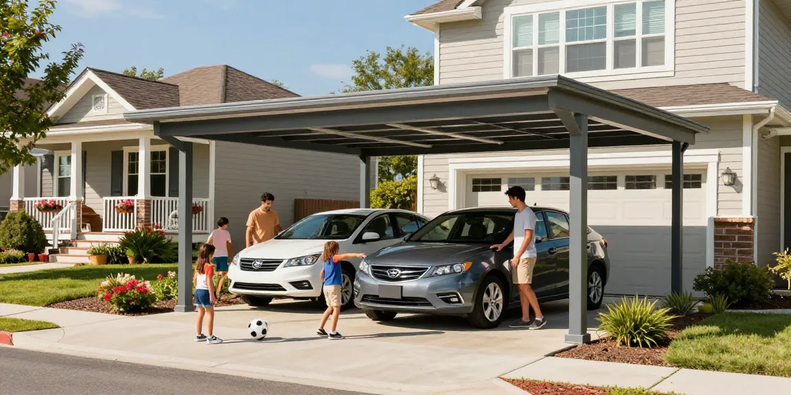 Moderne Carport-Struktur, die ein Auto schützt, umgeben von blühendem Garten und spielenden Kindern.
