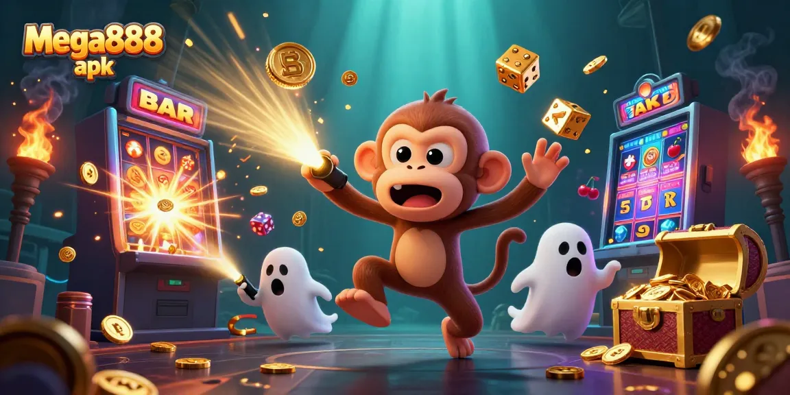 Experience the thrill of mega888 apk with a playful poltergeist monkey in a vibrant casino.