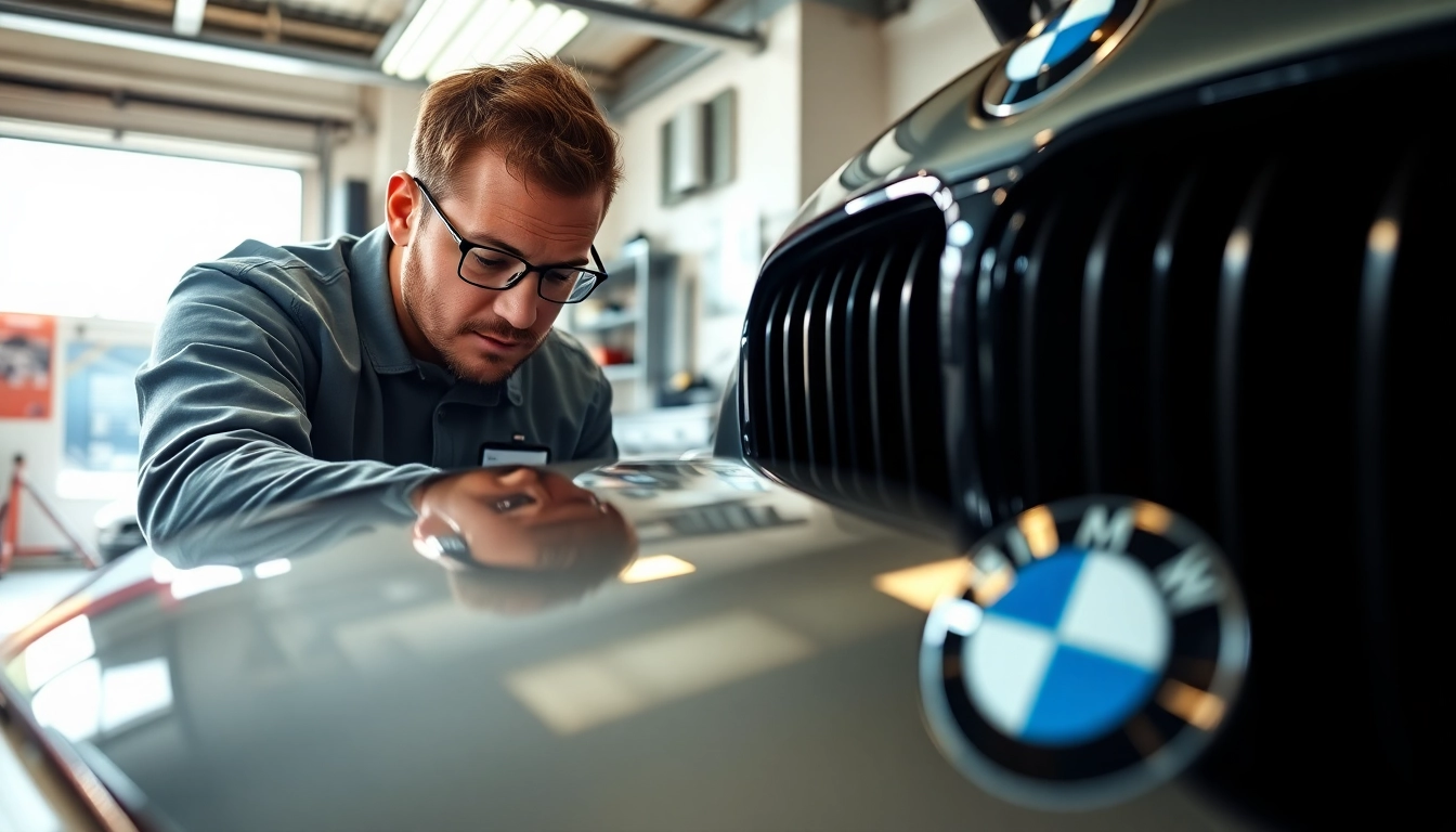 BMW Spezialist wartet sorgfältig an einem luxuriösen BMW Fahrzeug.