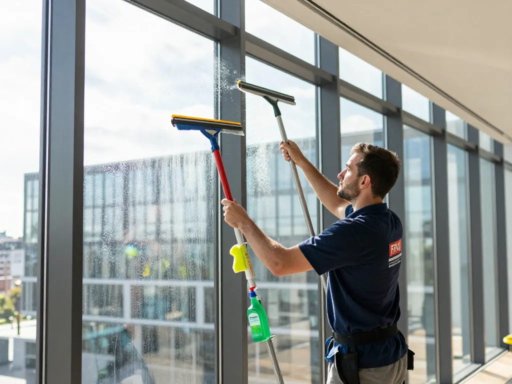 Professionelle Fensterreinigung in Münster, die einen erfahrenen Reiniger zeigt, der streifenfreie Ergebnisse an großen Bürofenstern gewährleistet.