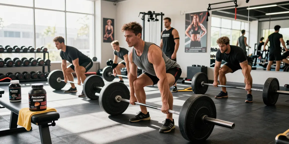 Intensives Training in einem Anabolika-Shop - Bodybuilder heben Gewichte in einem modernen Fitnessstudio.