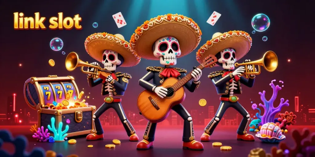 Experience the thrill of link slot with a vibrant Day of the Dead casino scene featuring sizzling slots and joyous characters.
