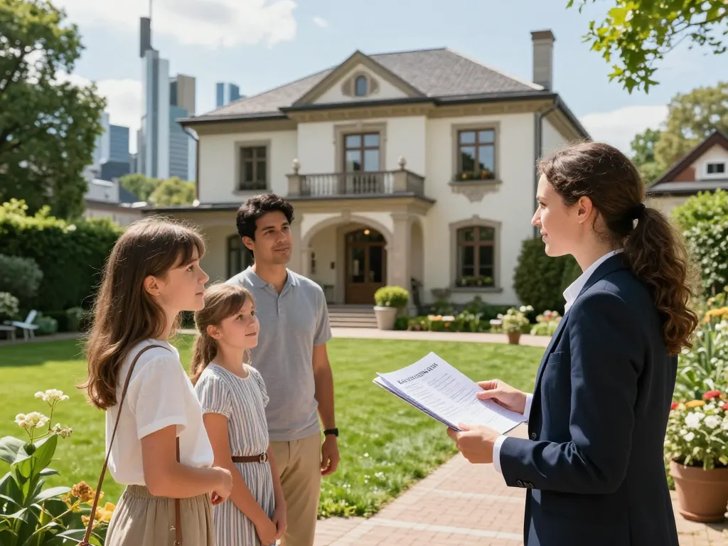 Immobilienmakler Frankfurt Dornbusch präsentiert eine charmante Villa potenziellen Käufern.