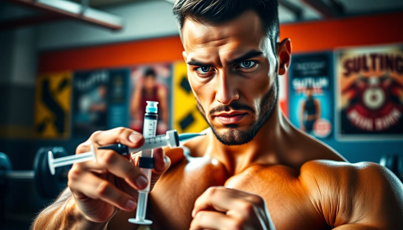 Sustanon 250 kaufen: Athlet spritzt sich Energie vor dem Training mit Inspiring-Atmosphäre.