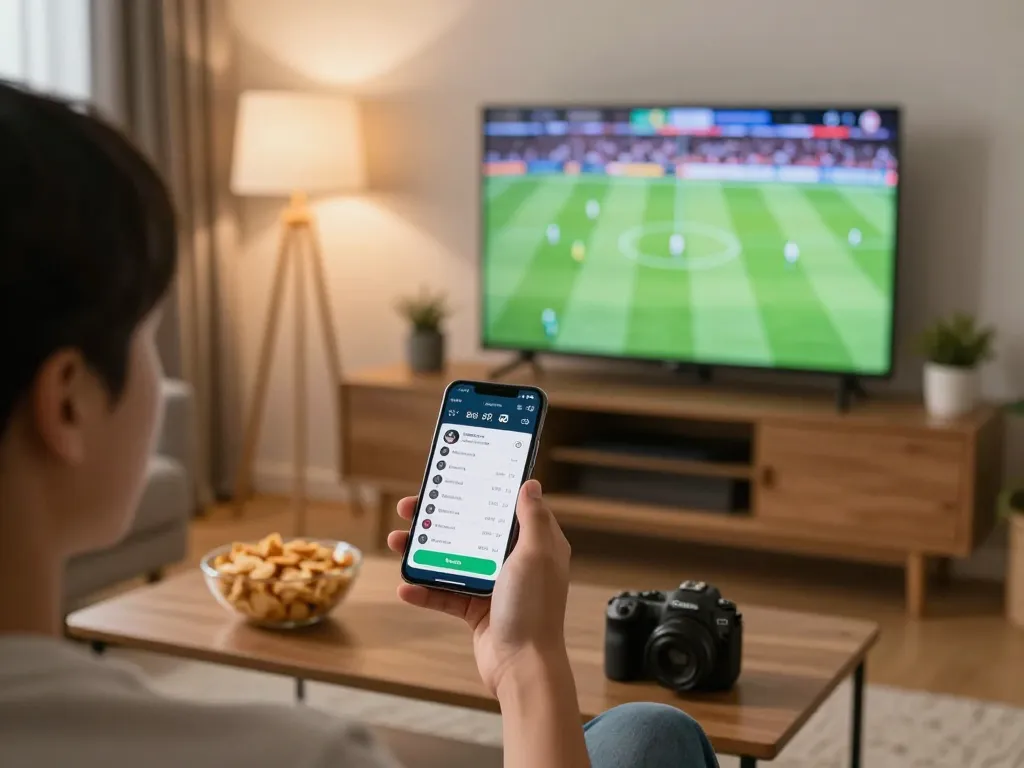 Excited sports fan engaging with kèo bóng đá ngày mai on a smartphone while watching a match at home.