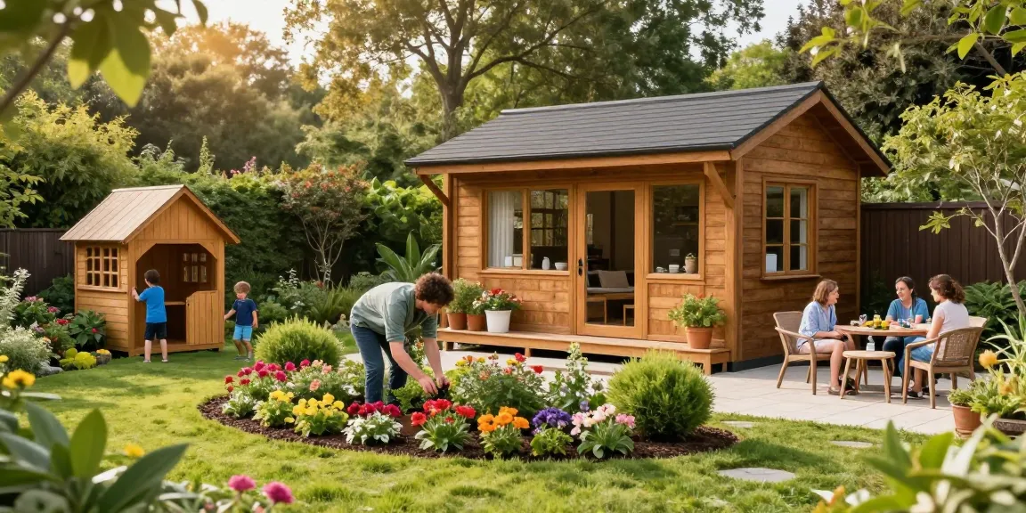 Gartenhäuser von McGarden24 in einem blühenden Garten mit Kindern und Spielzeug.