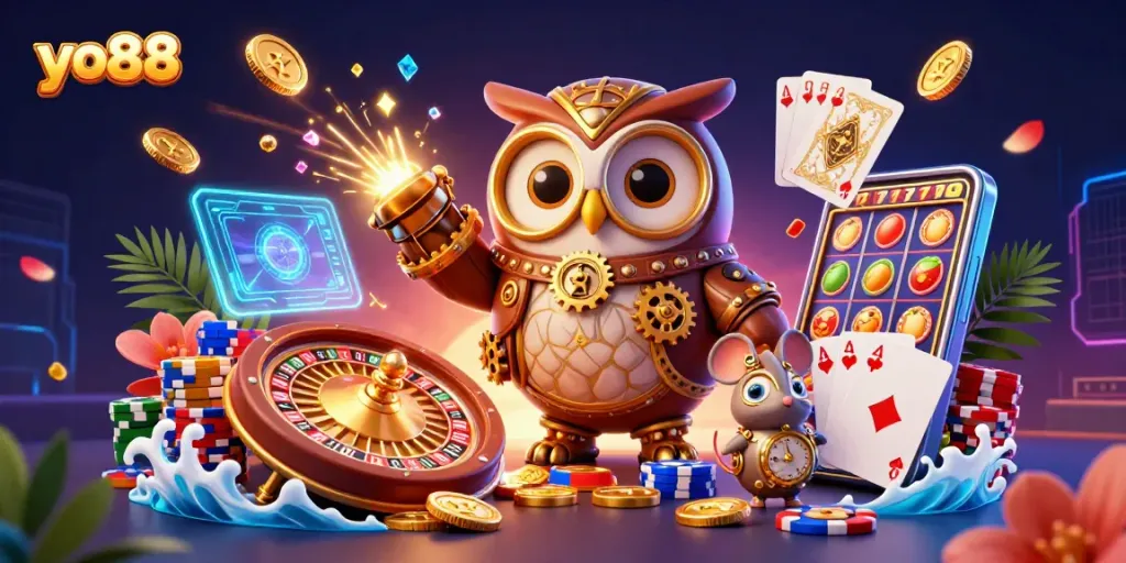 Experience the excitement of yo88 gaming with vibrant casino elements and treasures cascading through a dynamic scene.
