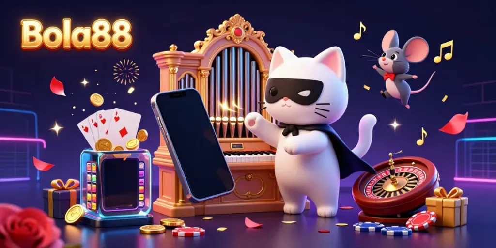 Bola88 captures players' attention with a thrilling gambling scene featuring a whimsical cat and lively casino elements.