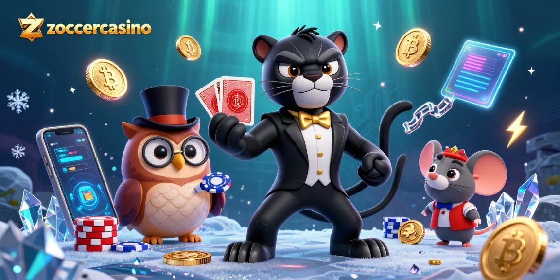 Win big at zoccercasino with an exciting scene featuring characters playing cards and showcasing crypto elements.