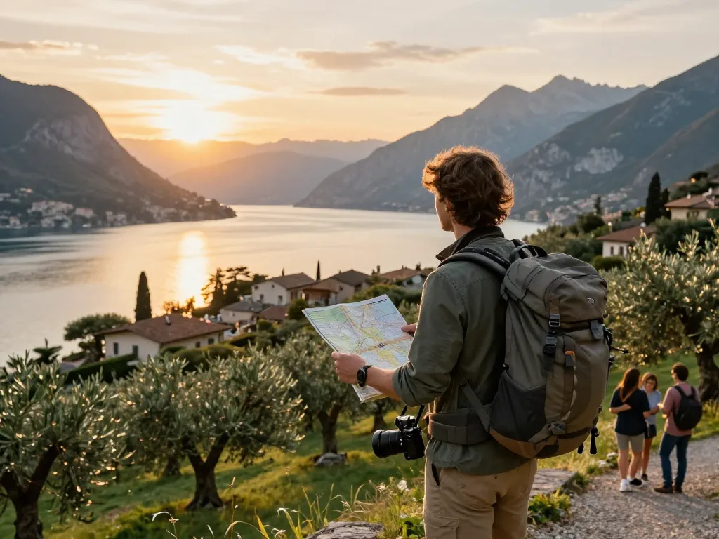 Gardasee Reisetipps für die Erkundung der atemberaubenden Landschaften und charmanten Dörfer des Gardasees bei Sonnenuntergang.