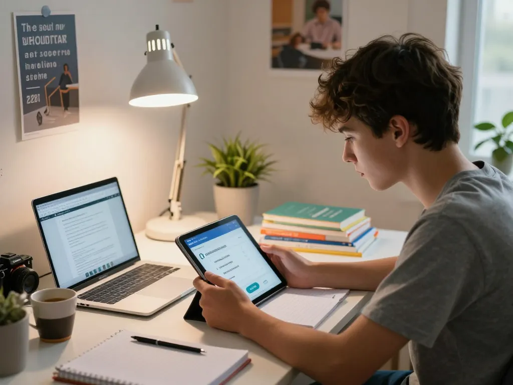 Teenager nutzt die Hausaufgaben-Scanner-App auf dem Tablet in einem gemütlichen Arbeitszimmer.