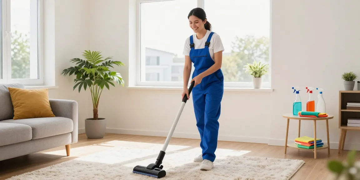 Professional cleaner at work in a bright living room, showcasing reinigungsfirmen bern services for a spotless home.