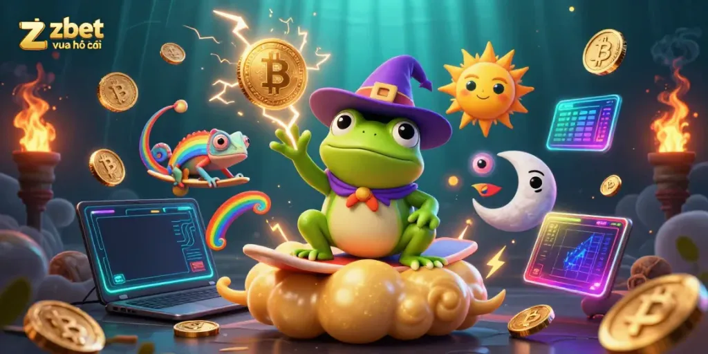 Bet confidently at zbet vua nhà cái with a vibrant 3D fantasy illustration showcasing a wealth of digital gaming elements.