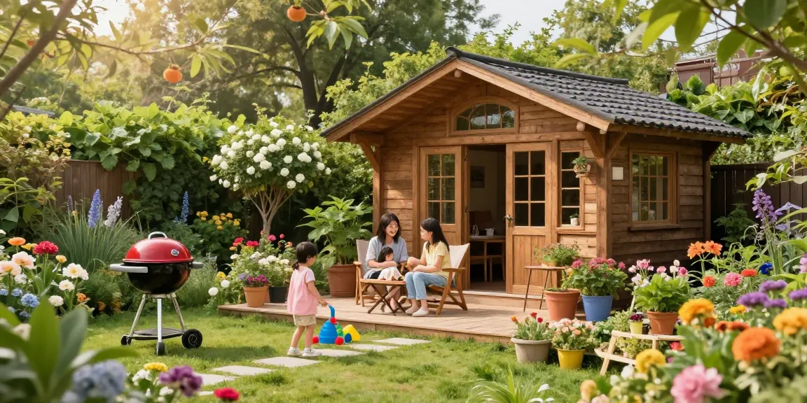 Wunderschönes Gartenhaus im Grünen, umgeben von blühenden Pflanzen und einer glücklichen Familie, die im Freien Zeit verbringt.