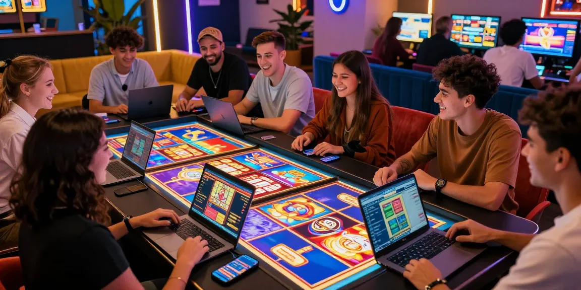Engaging scene of friends playing สล็อตเว็บตรง on a touchscreen table in a vibrant gaming lounge.