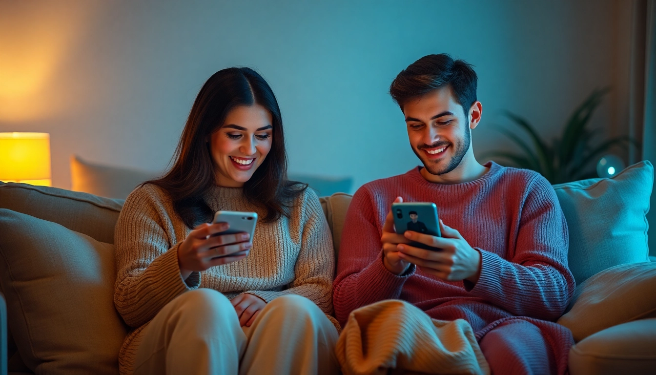 The image captures a couple engaging in AI sexting in a cozy living room, highlighting a warm and inviting atmosphere.